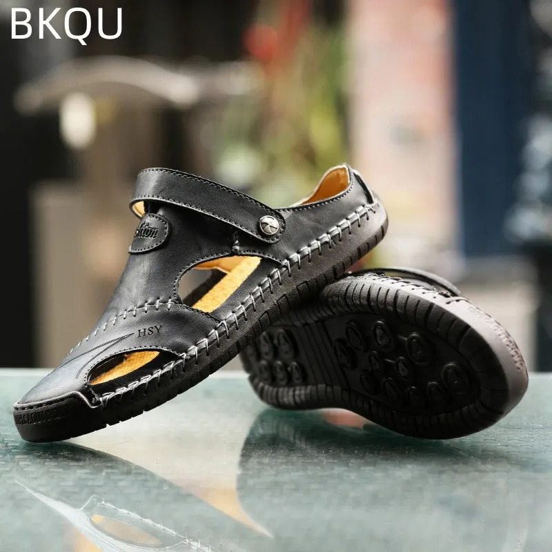 Mens summer leather sandals comfortable massage fashionable casual anti slip breathable trendy waterproof wear-resistant large-sized 240605