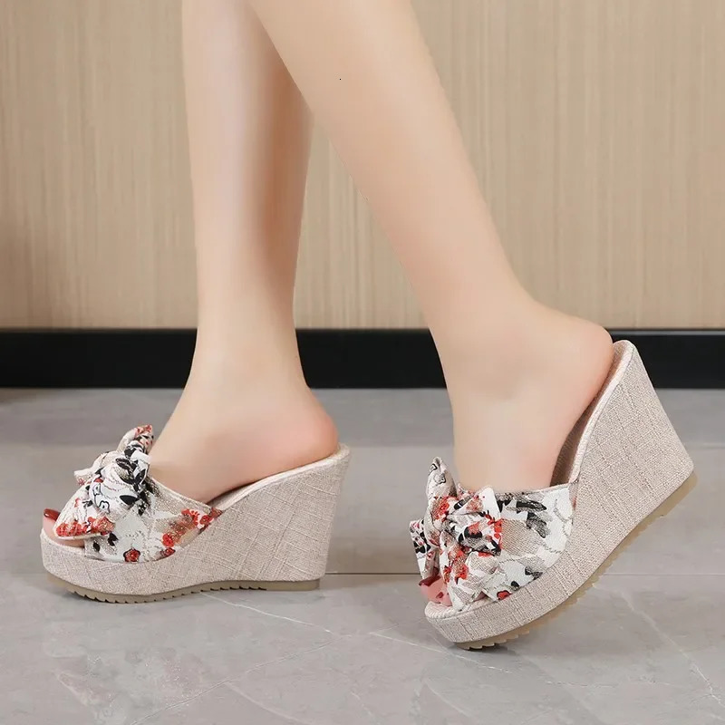 Womens Slide Sweet Bow Womens Open Toe Summer Sexy Flower Shoes High Heel Slide Womens Slide Platform Wedge Shoes 240605