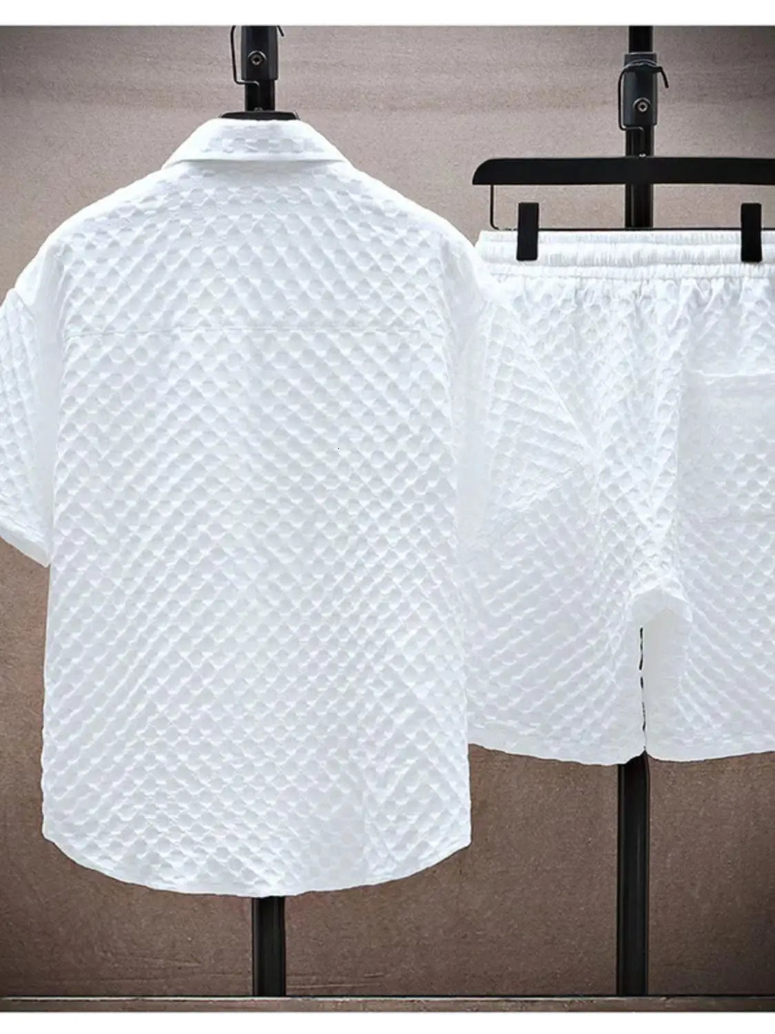 Summer Men Sets Casual Oversize Plaid Lapel Short Shirts Shorts TwoPiece Solid Sleeve Loose Fashion Streetwear 240601