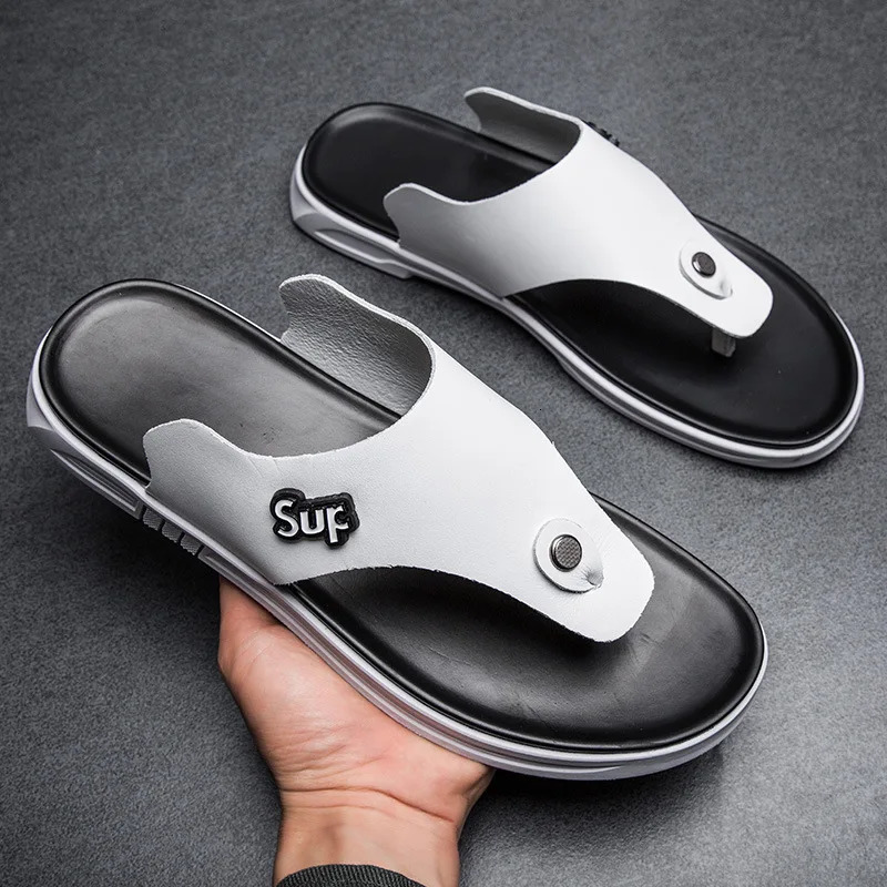 Trend Men Flip-flops Leather Slippers Casual Beach Summer Shoes Male Flat Non-Slip Comfortable Classic Black Slides Plus Size 240605