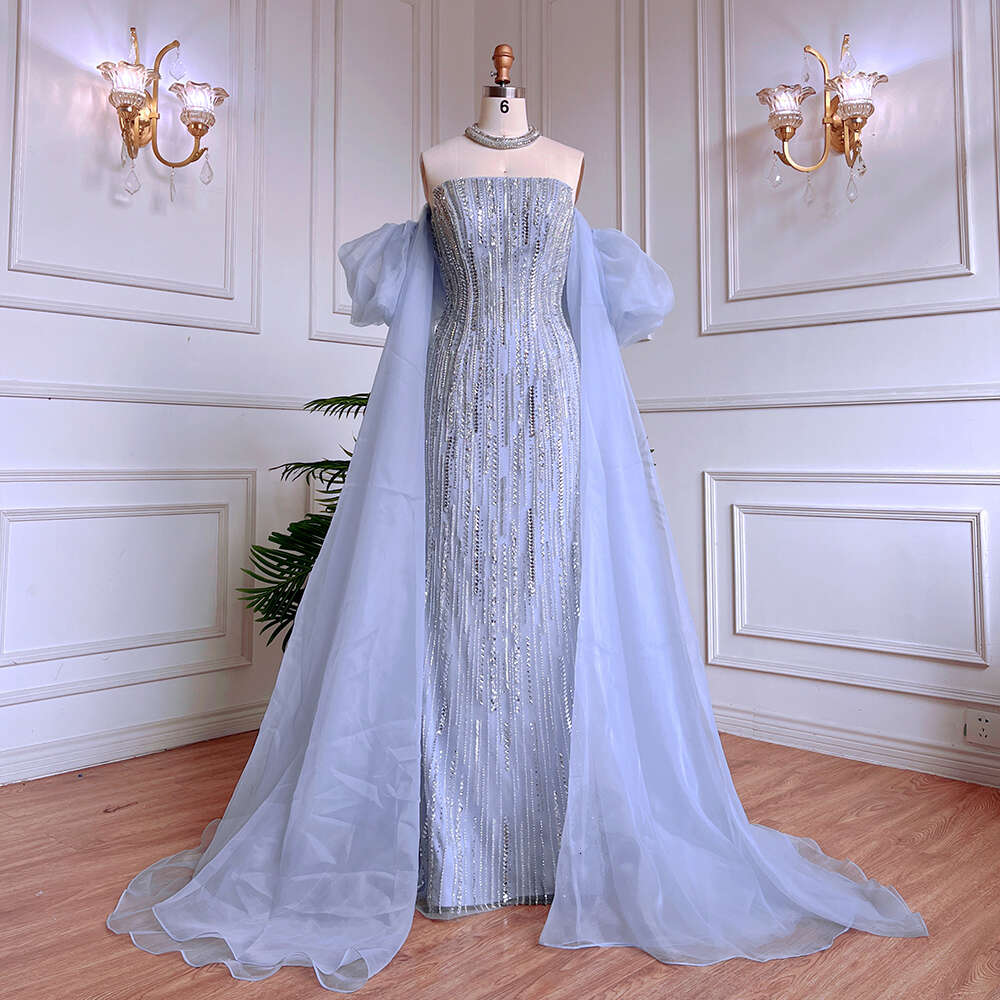 Serene Hill Dubai Arabic Blue Mermaid Balloon Sleeves Crystal Beaded Evening Dresses Gowns For Women Party LA71823