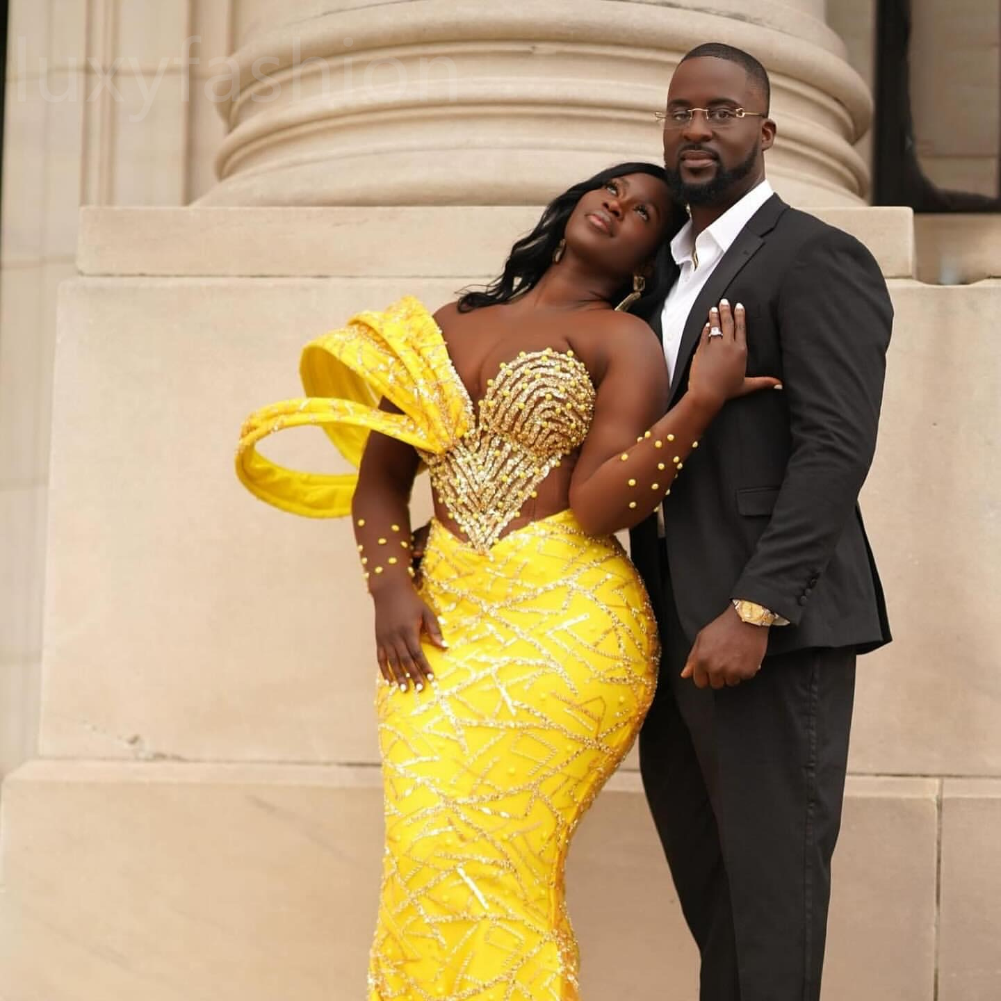 Aso Ebi 2024 Yellow Mermaid Prom Dresses Beaded Sequined Lace Evening Party Formal Second Reception Birthday Enagement Thanksgiving Dress Gowns LF075