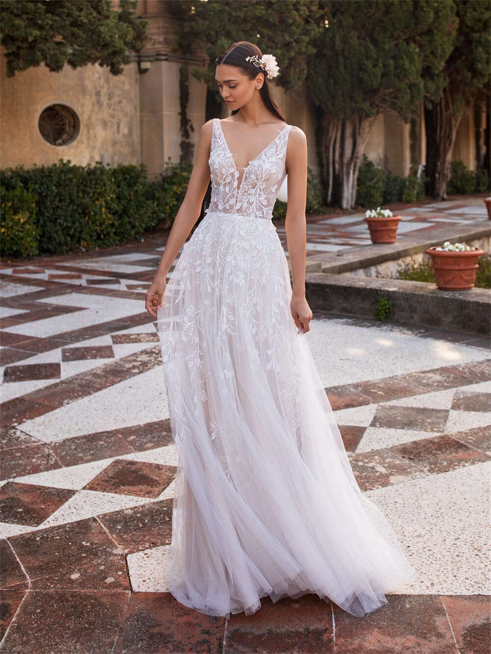 Boho Chic A-e Wedding Dress For Women Backless V-Neck Bride Dresses Tulle Lace Bridal Gown Vestidos De Novia 0605