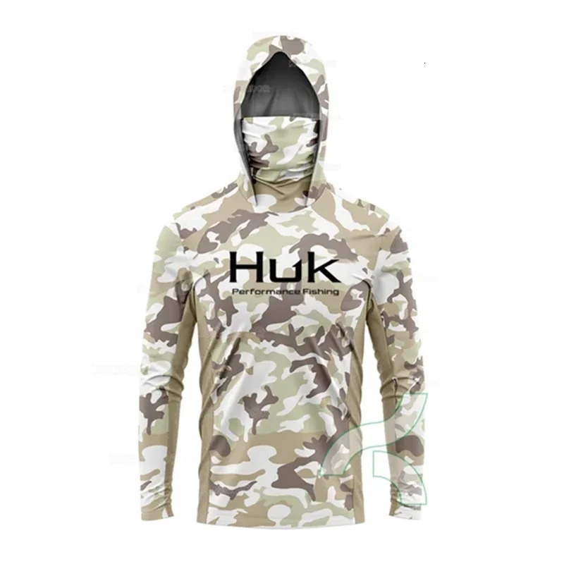 HUK Fishing Shirt Long Sleeve Anti-UV Fishing Hooded Shirts With Face Mask Fish Clothing Outdoor Sun Protection T-shirts UPF 50 240601
