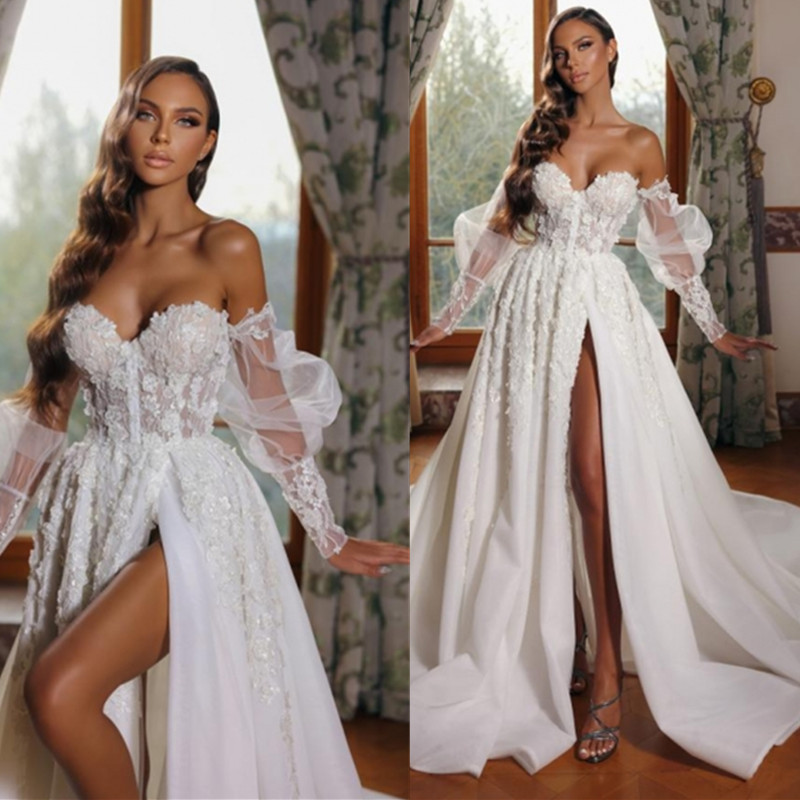 2024African Arabic Plus Size Wedding Dresses Sheer Long Sleeves Beads Pearls Brdial Gowns Illusion Jewel Neck Custom Made Maternity Robes de Mariage F