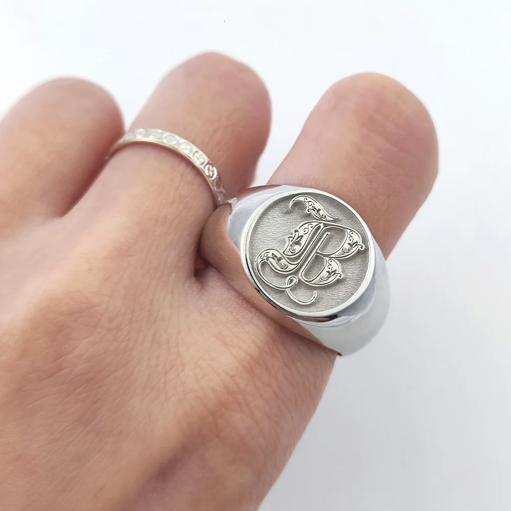 Custom 925 Solid Silver Men Letter Engrave Ring Personalized 15mm Chunky Signet Ring 3D engraved Royal Initial Letter Ring 240530