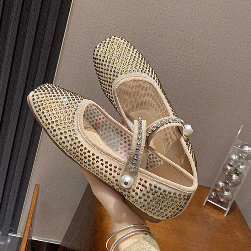 Spring Womens Fashionable Crystal Mesh Square Toe Light Lavender Ballet Flat Comfortable Dia Mary Jane Shoes 240605