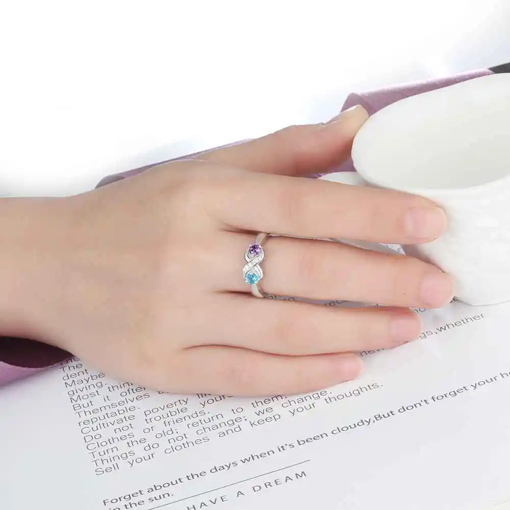 925 Sterling Silver Infinity Mothers Ring with 2 Round Birthstone Custom Engraved Couple Name Engagement Promise Rings for Women 240530