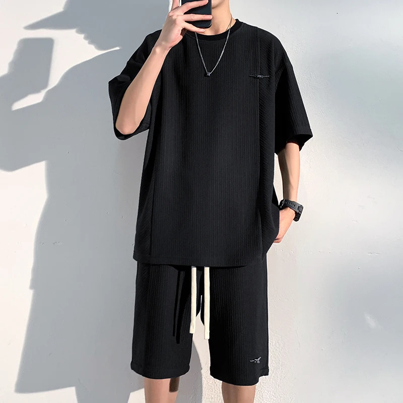 Mens Shorts Tshirt Set Summer Texture Ice Silk Smooth Draping Youth Short Sleeve Solid 240601