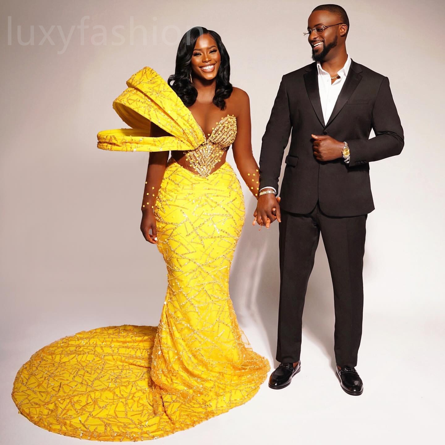 Aso Ebi 2024 Yellow Mermaid Prom Dresses Beaded Sequined Lace Evening Party Formal Second Reception Birthday Enagement Thanksgiving Dress Gowns LF075