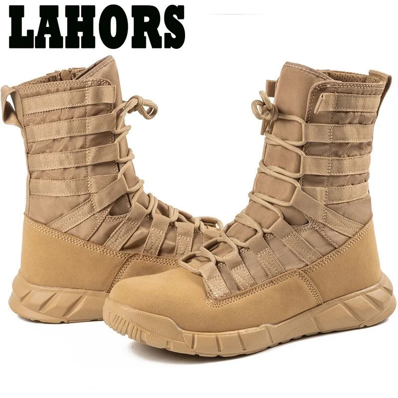 Free delivery of LAHORS light military tactical combat boots mens outdoor hiking desert army shoes breathable mens ankle boots 240605