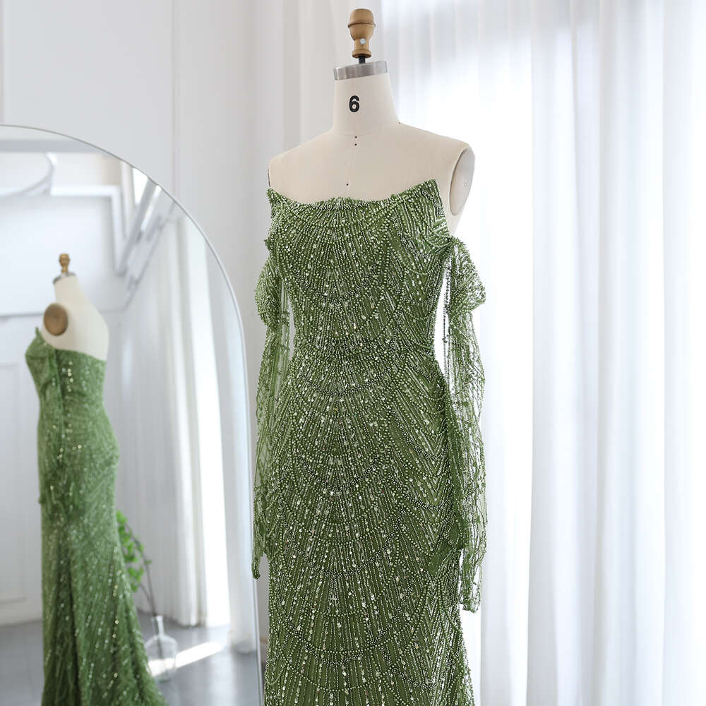 Sharon Said Dubai Mermaid Green Evening Dresses with Gloves 2024 Elegant Saudi Arabia Women special Party Gowns SS306