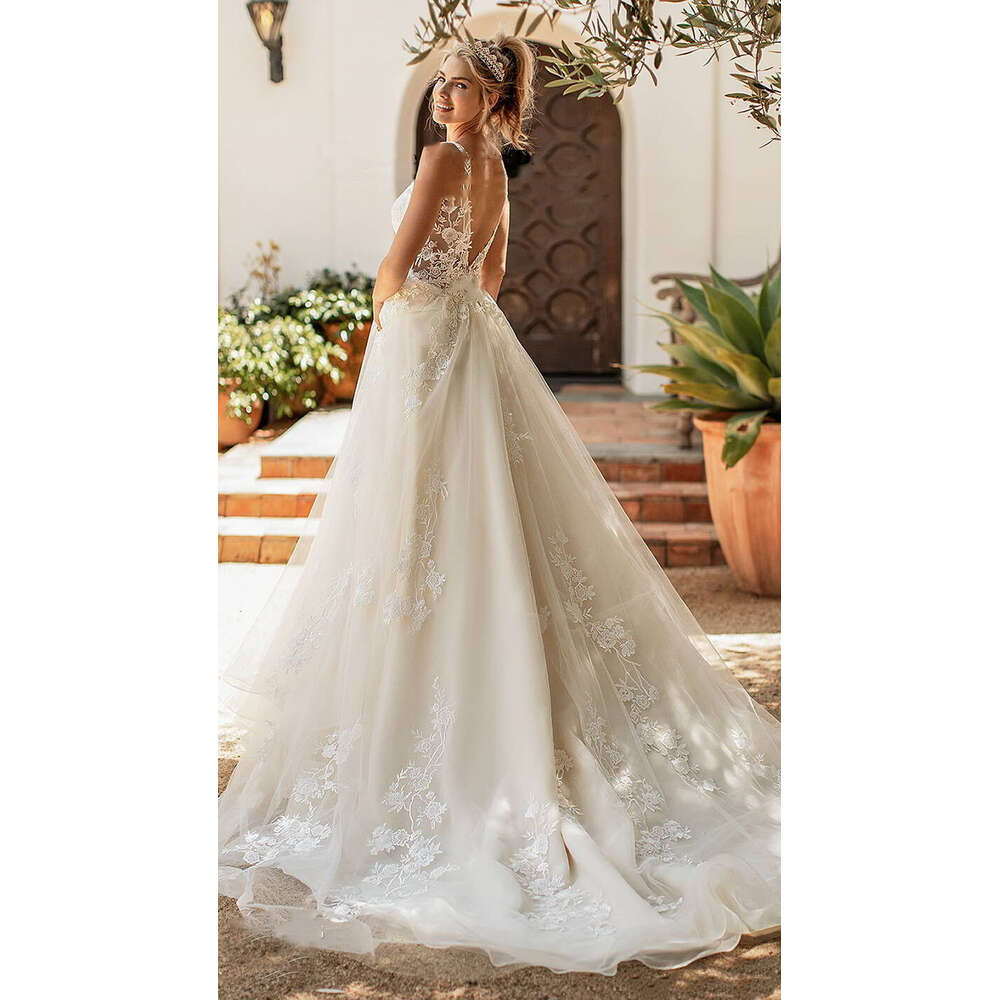 Elegant Boho Dresses V Neck Princess Lace Appliques Tulle A E Wedding Boheimian White Ivory Bridal Dress