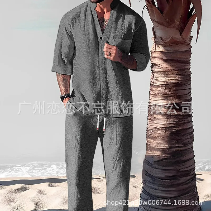 Summer Casual Cotton Linen Two Piece Men Set Fashion Loose V Neck Half Sleeve Tops and Trouser Suits Mens 240530