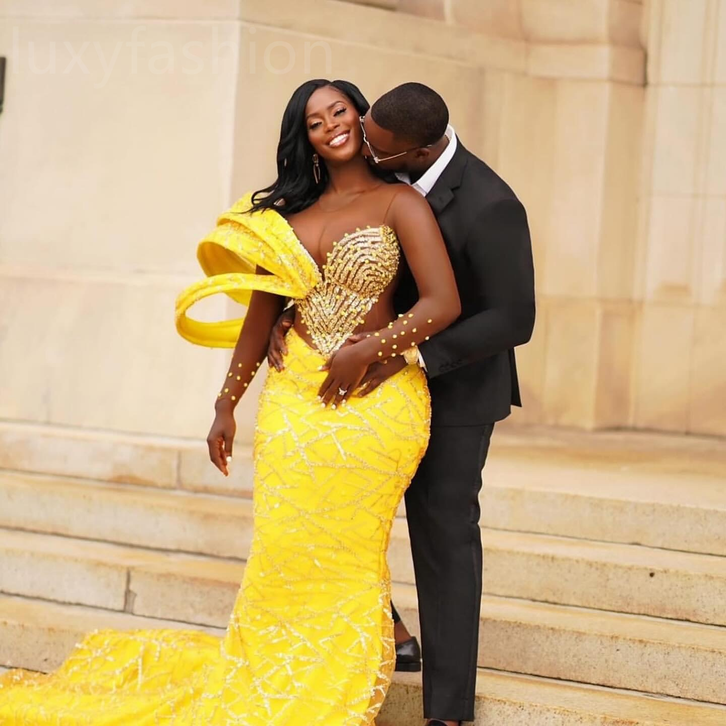 Aso Ebi 2024 Yellow Mermaid Prom Dresses Beaded Sequined Lace Evening Party Formal Second Reception Birthday Enagement Thanksgiving Dress Gowns LF075