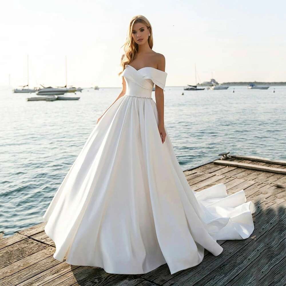 White Elegant Satin Wedding Dress For Women Vestidos Fiesta Para Bodas Off The Shoulder Bridal Gown Vestido De Novia