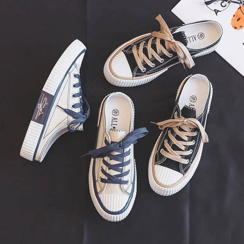 Casual Summer Shoes Sneakers Womens For Women Canvas Flats Backless Lace Up Slip On Half Slippers atos Mujer Laofers 2406