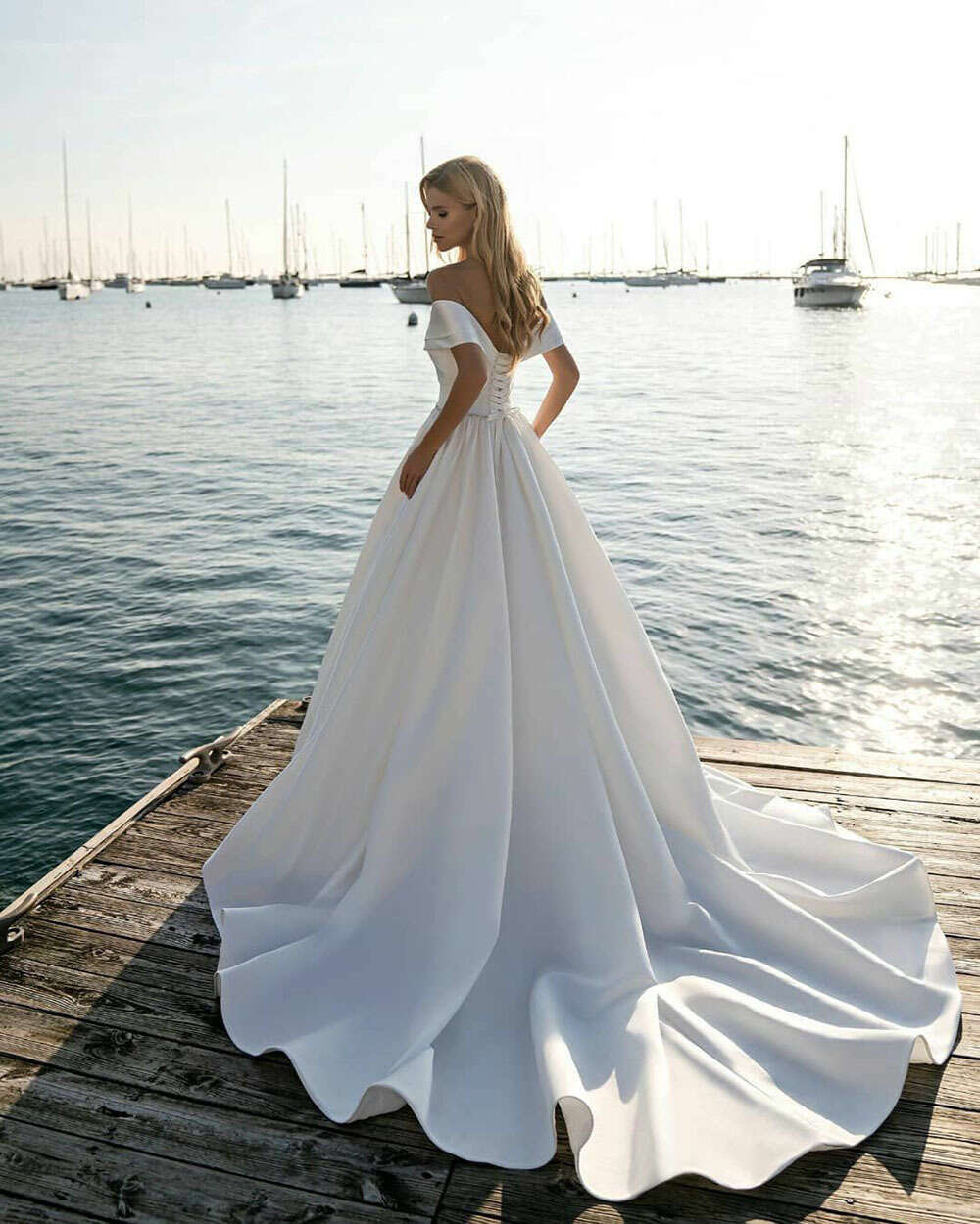 White Elegant Satin Wedding Dress For Women Vestidos Fiesta Para Bodas Off The Shoulder Bridal Gown Vestido De Novia