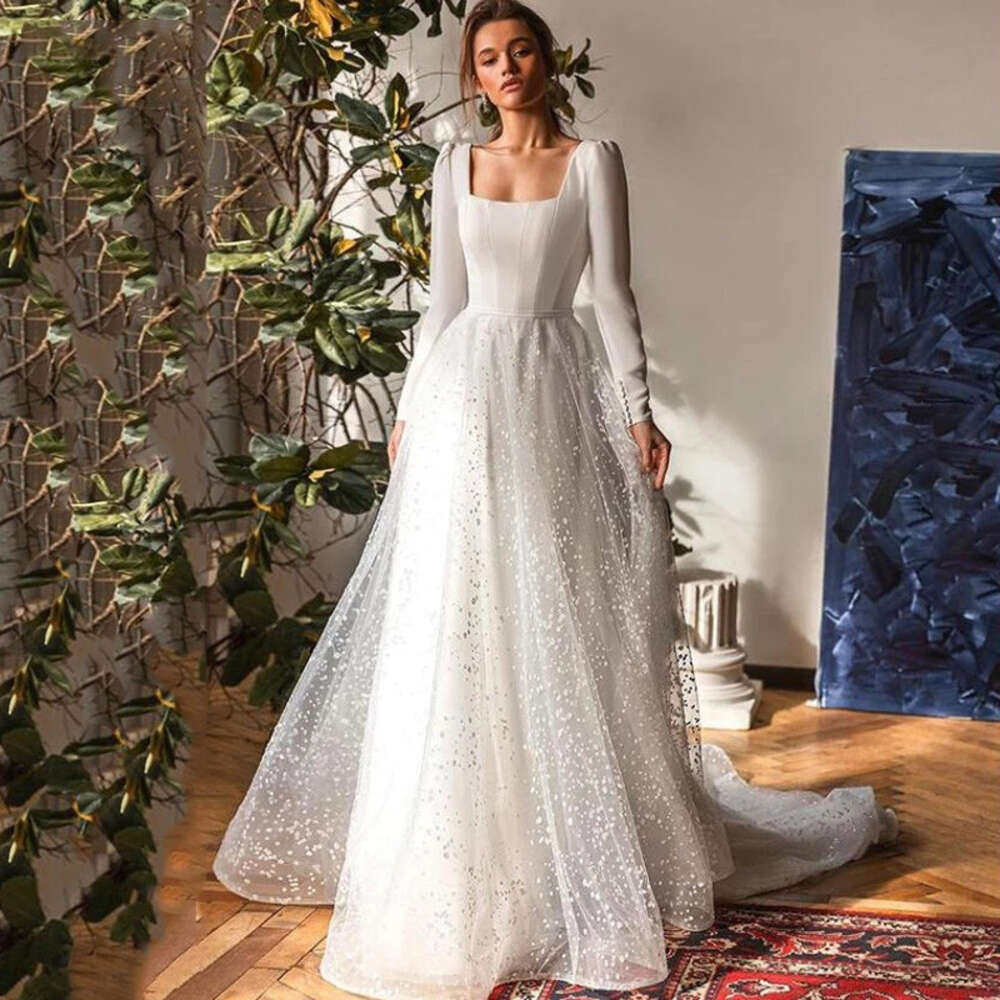 Ivory Boho Dresses Tulle Long Sleeve Square Neck Backless A-Line Wedding Dress Formal Ocn Vestido De Novia 0605