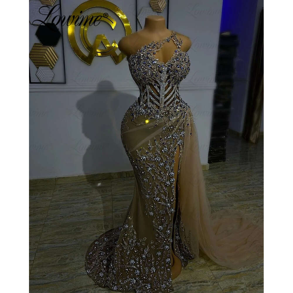 Sexy See Through Party Dresses For Weddings 2023 Custom Made Crystals Beaded Long Prom Dress High Split Side Evening Gown