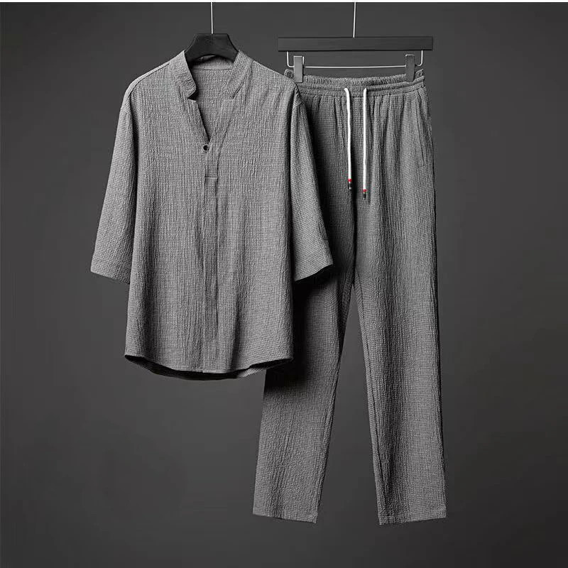 Summer Linen Suits Traditional Clothing Men Solid Tai Chi Uniform Retro V-neck Short Sleeve Shirt And Pants Two Piece Set 240530