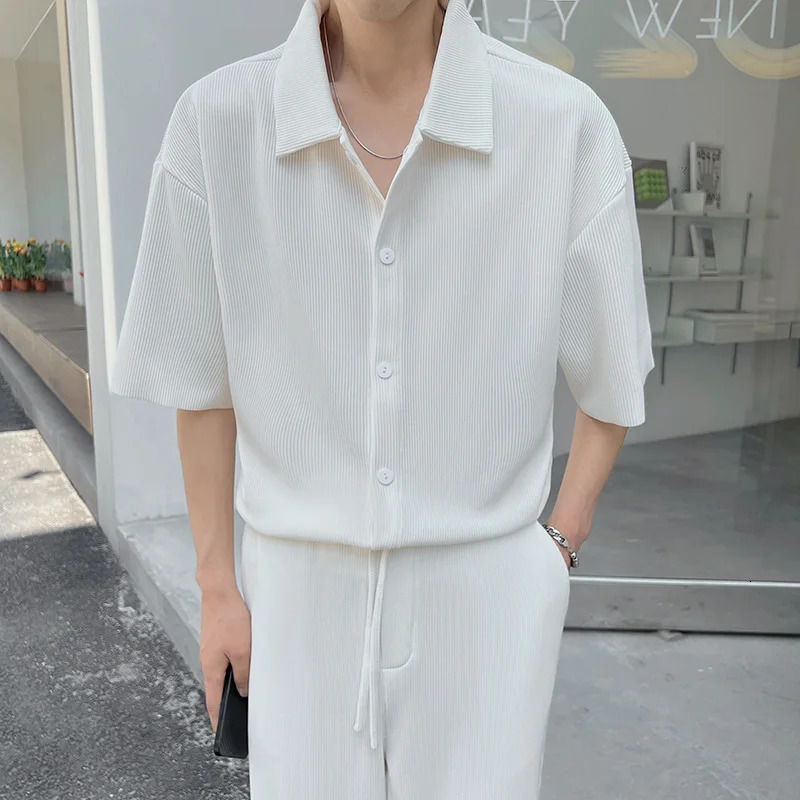 Summer Pleated Sets Men Fashion BlackWhite Casual Ice Silk Suit Men Korean Short-sleeved ShirtTrousers Two-piece Mens Set 240601