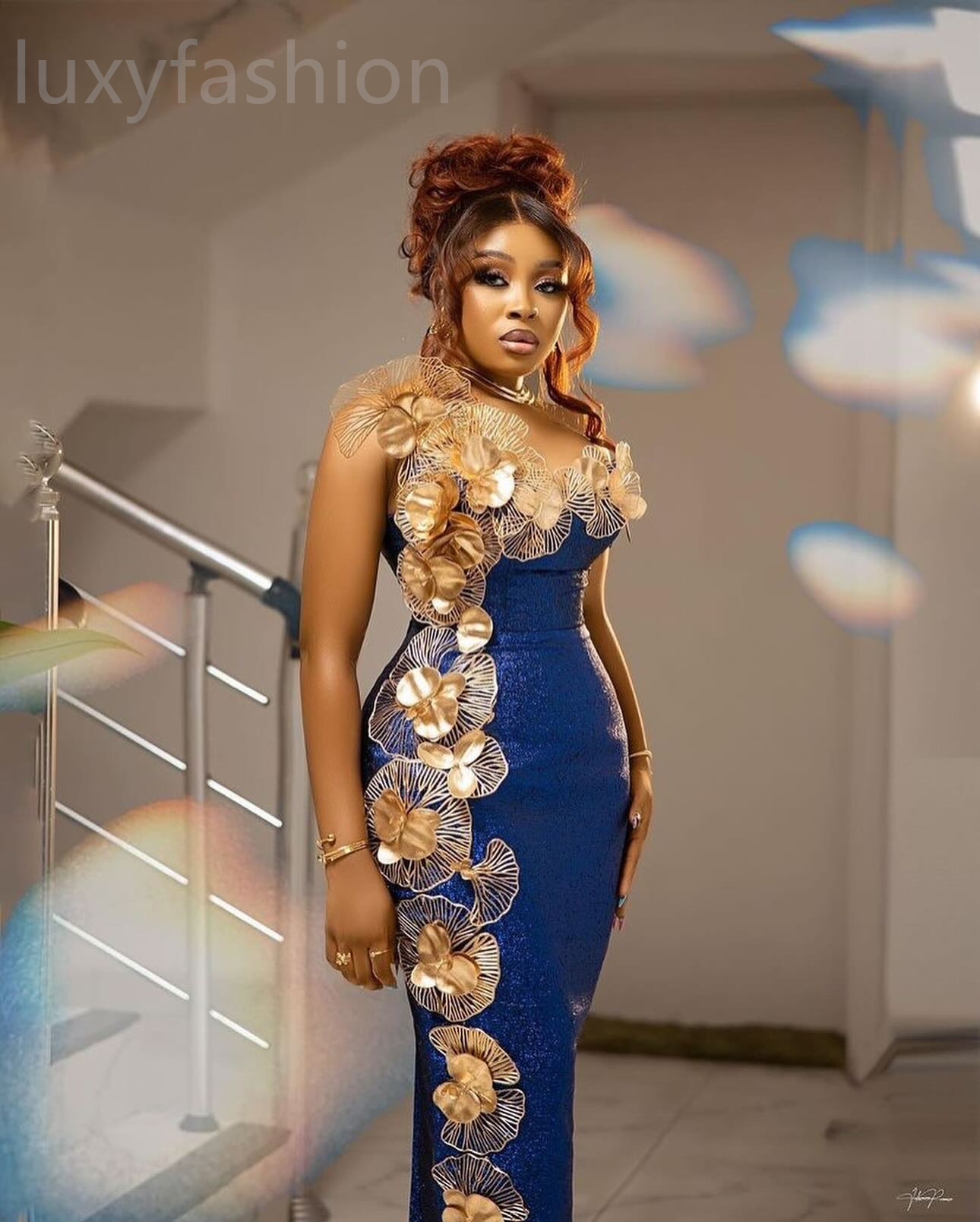 Aso Ebi 2024 Royal Blue Sheath Prom Dresses Florals Ankle Length Evening Party Formal Second Reception Birthday Enagement Thanksgiving Dress Gowns LF0