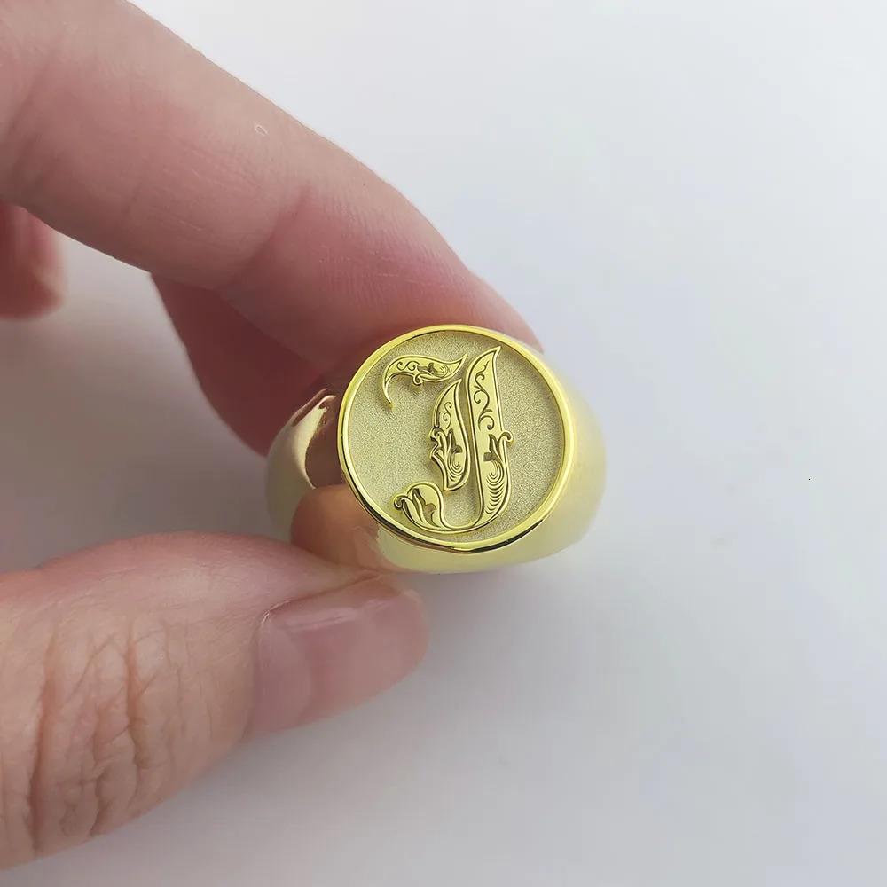 Custom 925 Solid Silver Men Letter Engrave Ring Personalized 15mm Chunky Signet Ring 3D engraved Royal Initial Letter Ring 240530