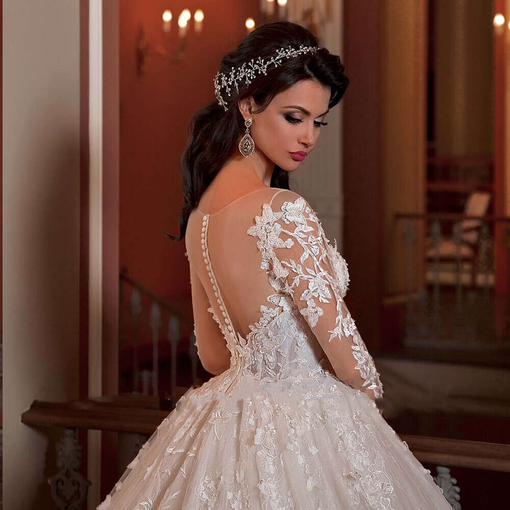 Gorgeous Lace Applique Robe Mariage Ball Gown Wedding Dress Long Sleeve Abito Da Sposa Vestidos De Novia Bride Dresses 0605 0219