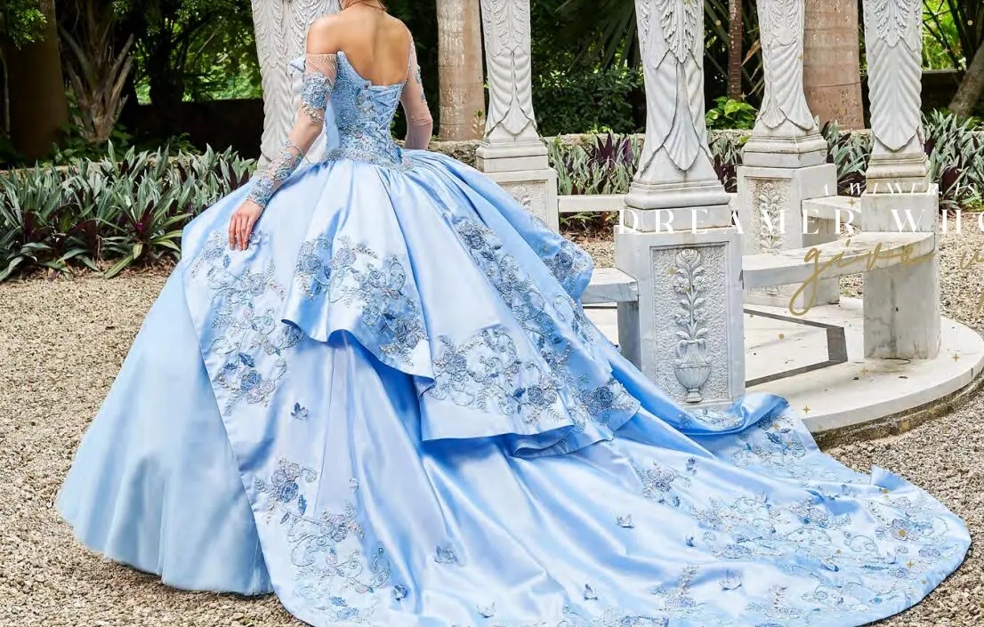 Sky Blue Mexican Quinceanera Dresses Ball Gown Long Sleeves Appliques Pearls Puffy Charro Sweet 16 Dresses 15 Anos