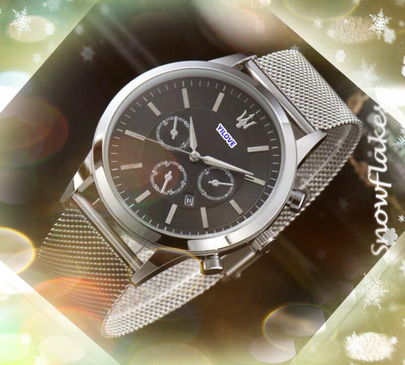 Mens Stylish Automatic Quartz Battery Watches day date time black silver case clock three eyes Trend super switzerland set auger Imported crystal mirror Watch