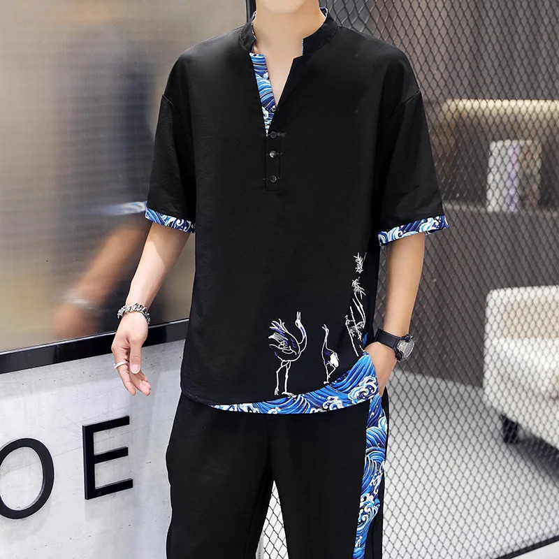 Shirts Pants autumn 100% Cotton linen Sportswear Mens Casual Sets spring Male Fashion trousers and shirts men 240530
