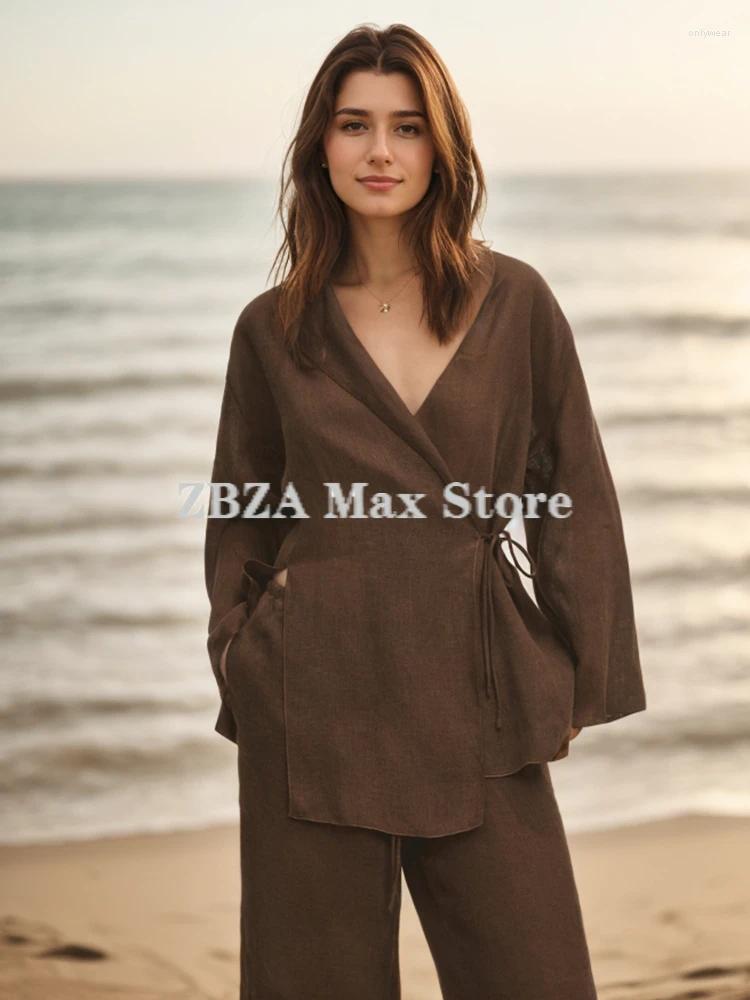 Women's Two Piece Pants ZBZA Textured Side Tie Up Coat Trousers Suit V-neck Long Sleeve Shirt Flowing Loose Wide Leg Chic Female Outfit