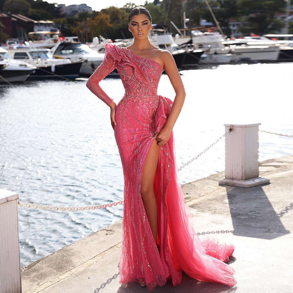 Sharon Said Fuchsia One Shoulder Dubai Evening Dresses Arabic Side Slit Mermaid Prom Formal Dress for special SS360