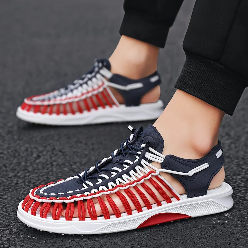 Mens summer sandals handcrafted woven shoelaces breathable beach sandals mens sliding shoes large-sized casual shoes 240605