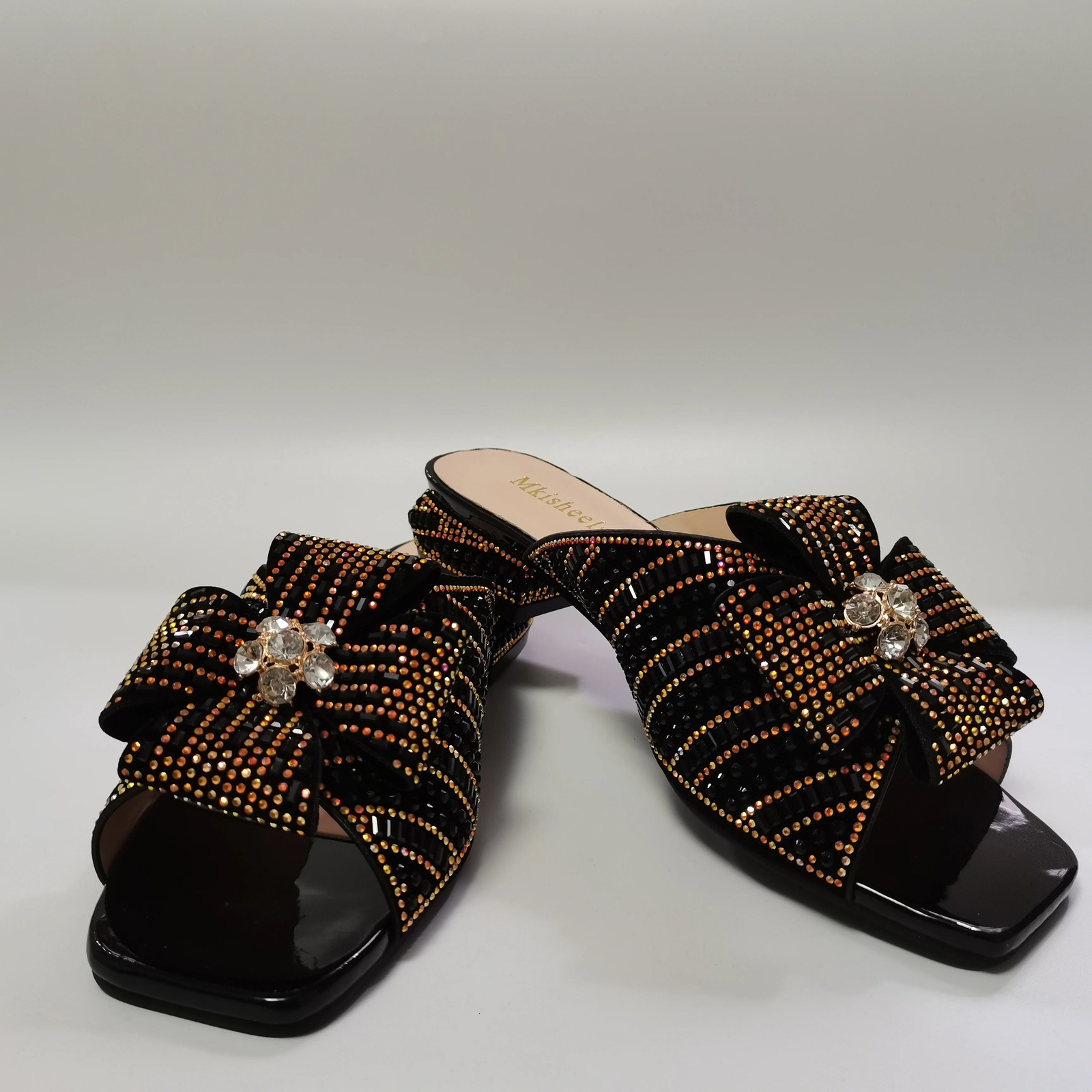 Fashion Latest Low Heel Womens Crystal Bow Slide Thick Shoes Rhinestone Sandals Casual Rhinestone Slide 207-1 240605