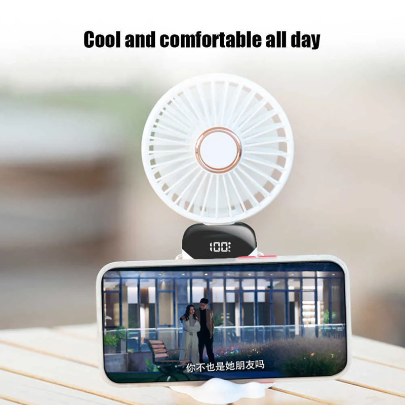 USB Mini Handheld Fan 5-gears Wireless Electric Fan Portable Air Conditioner Rechargeable Desktop Fans Folding Hanging Neck Fan LED Digital Display Fa