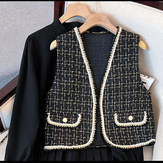 Large Size Womens Clothing Spring Slimming Tweed Vest Pleated Dress Two-Piece Set 240529