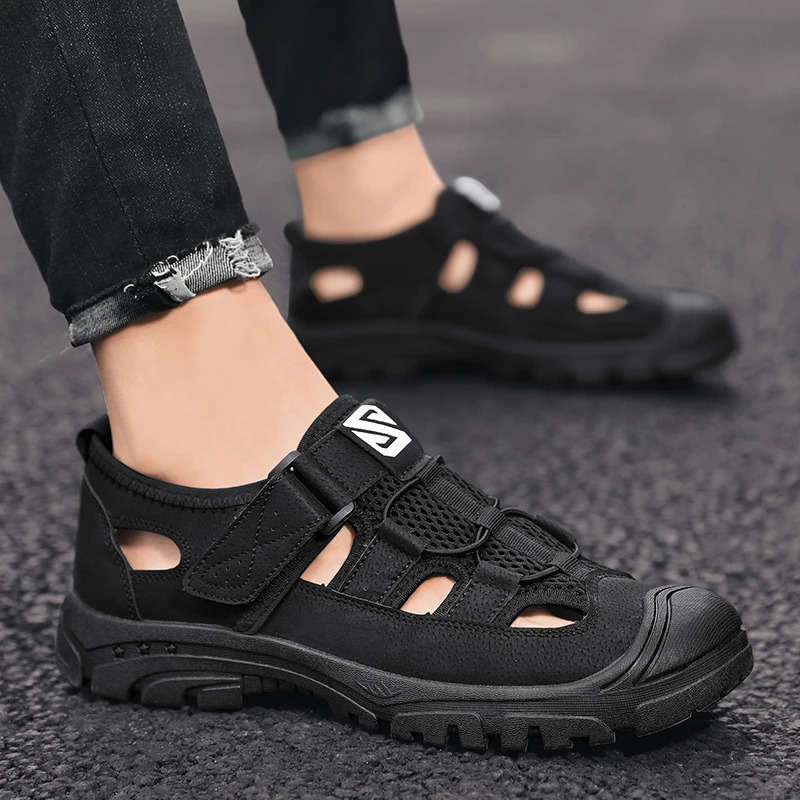 Mens summer sandals casual breathable comfortable mesh shoes retro leather apartments outdoor beach shoes mens shoes 240605