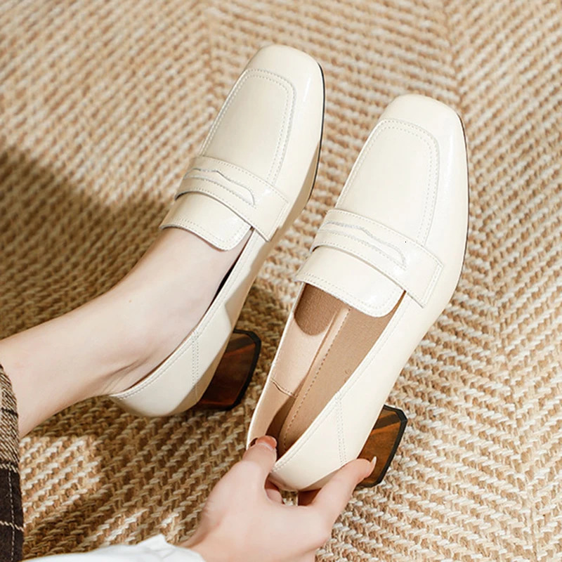 oxford Genuine women shallow Leather flats shiny leather office shoes british square toe chunky heels loafers woman
