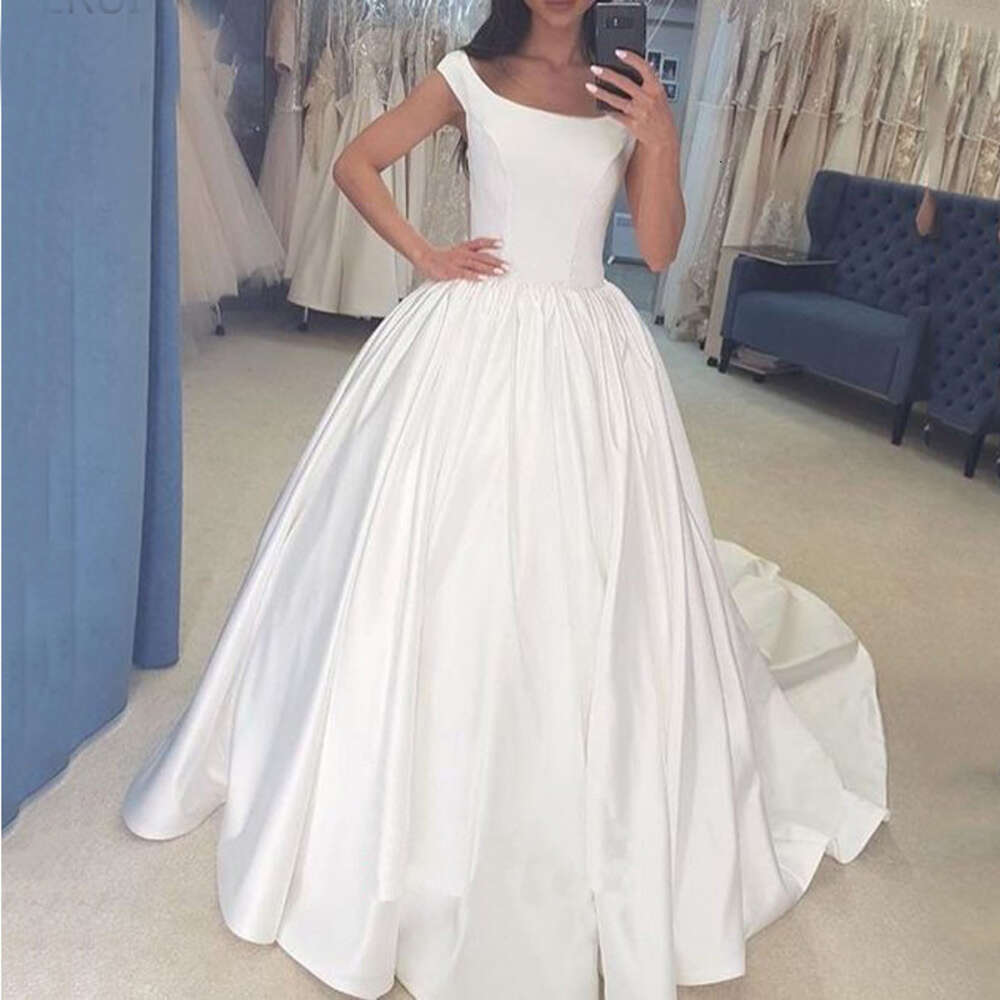 White Ivory Simple Satin Cap Sleeves Princess Ball Gown Zipper Back Scoop Neck Bride Dresses Wedding Gowns 0605