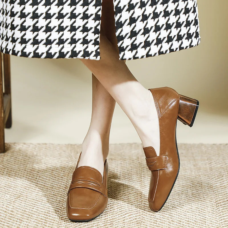 oxford Genuine women shallow Leather flats shiny leather office shoes british square toe chunky heels loafers woman