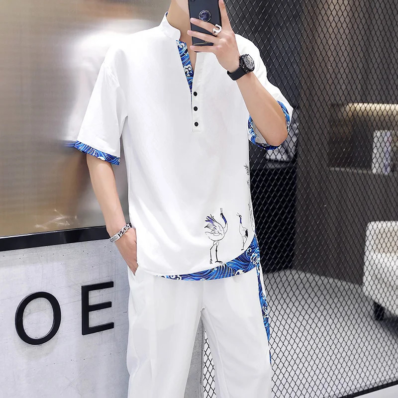 Shirts Pants autumn 100% Cotton linen Sportswear Mens Casual Sets spring Male Fashion trousers and shirts men 240530