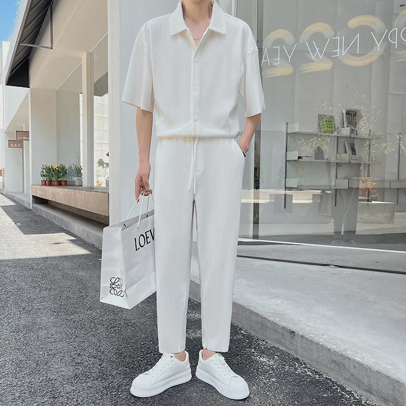 Summer Pleated Sets Men Fashion BlackWhite Casual Ice Silk Suit Men Korean Short-sleeved ShirtTrousers Two-piece Mens Set 240601