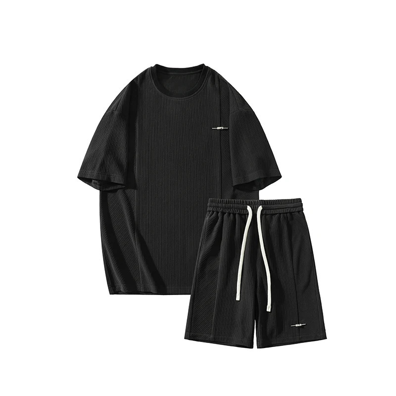 Mens Shorts Tshirt Set Summer Texture Ice Silk Smooth Draping Youth Short Sleeve Solid 240601