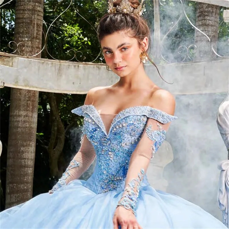 Sky Blue Mexican Quinceanera Dresses Ball Gown Long Sleeves Appliques Pearls Puffy Charro Sweet 16 Dresses 15 Anos