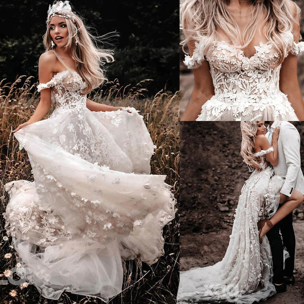 2024 lace wed dress Country Dresses Bohemian Boho Lace Appliqued Bridal Gowns Long Sleeve Sweep Train Beach Wedding Dress luxury designer boho Country