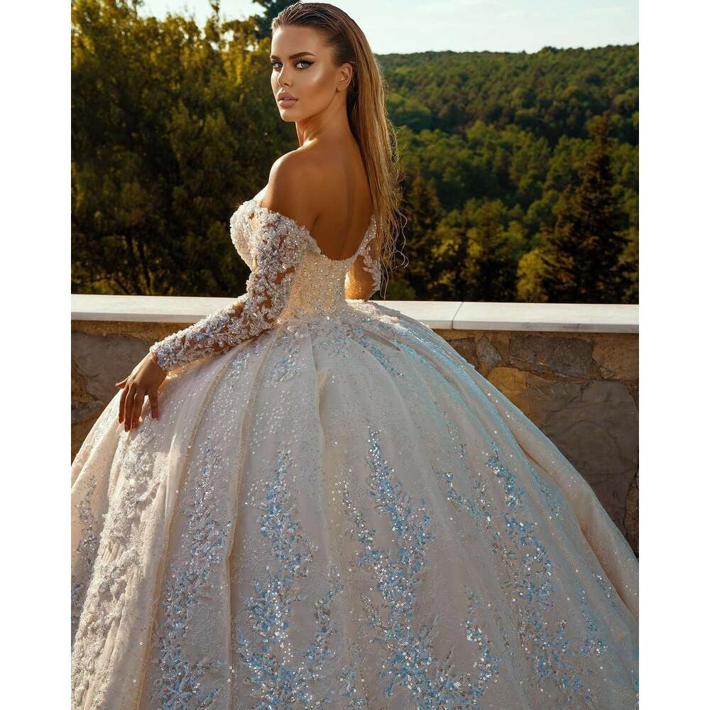 Off The Shoulder Wedding Dresses V-Neck Long Sleeve All Over Shiny Beaded Sequins Lace Princess Ball Gown Vestidos De Novia 0605
