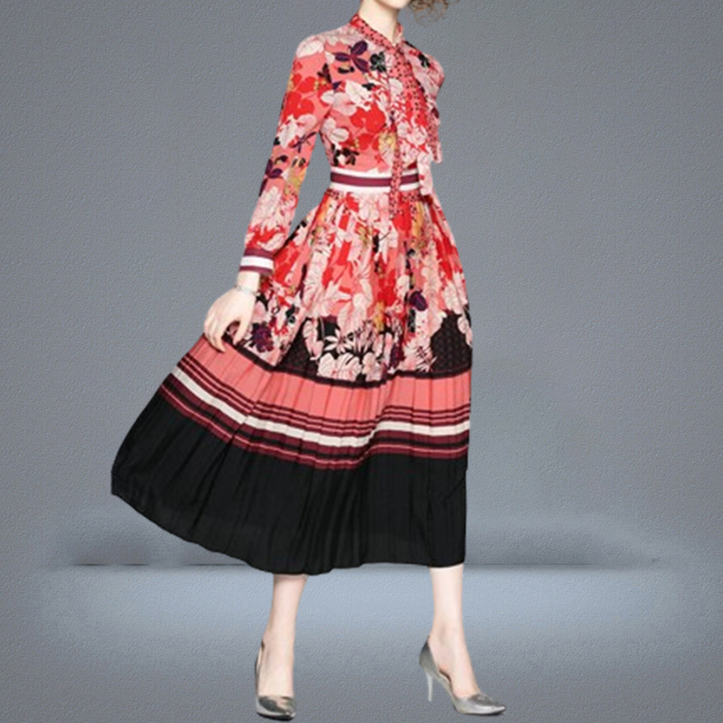 Womens Bow Printed Dress Long Sleeve Spring Autumn Midi Dress Highend Elegant Lady Pleated Dresses Boutique Retro Dress