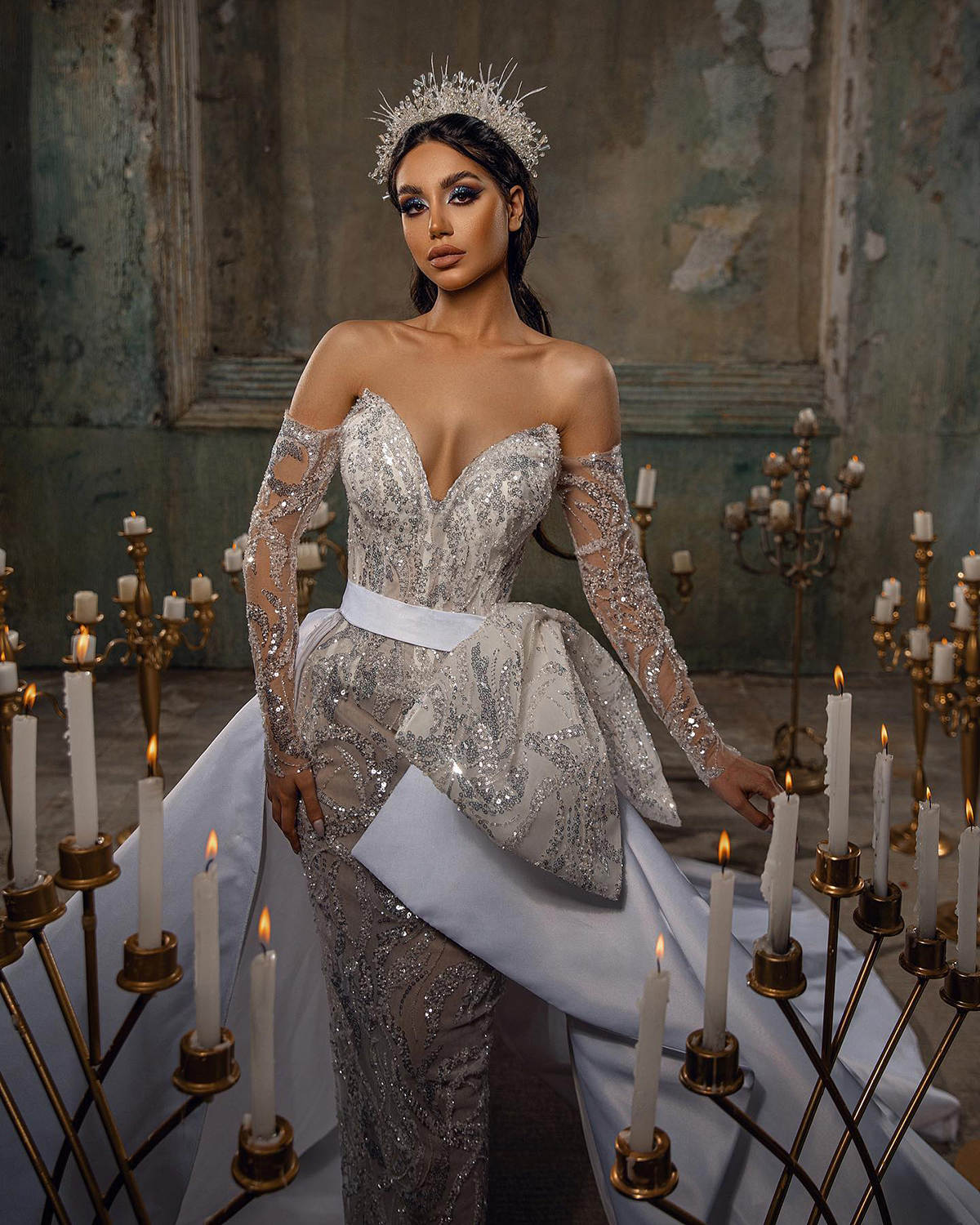 Vintage Mermaid Wedding Dresses Sequins Tulle Sweetheart Detachable Train Satin Court Gown Pleat Custom Made Plus Size Bridal Gown Vestidos De Novia